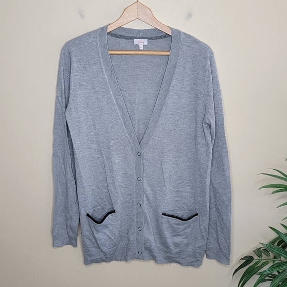 Pixley | Gray Snap Front Cardigan Sweater with Faux Leather Trim & Elbow Patches - Picture 1 of 4